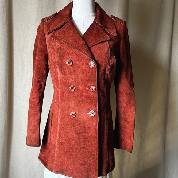 American Vintage Jackets & Blazers - Vintage 1970s Rust Suede Double Breasted Mod Tailored Peacoat XS S